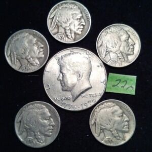 5 Buffalo Nickels & 1 Bicentennial Kennedy Half Dollar